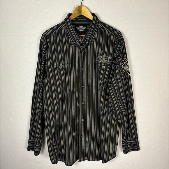 Harley-Davidson Logo Black and Gray Striped Button Down Shirt - Picture 1 of 7
